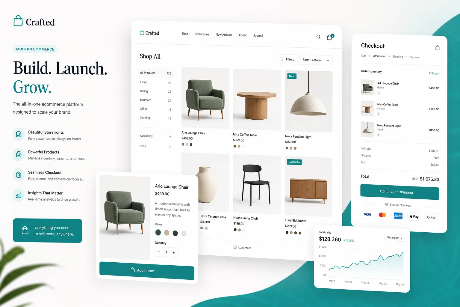 Illuminated commerce interface with product grid and checkout flow