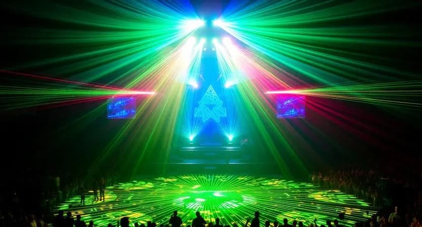 Live Lazor Show arena with volumetric neon laser beams and stage geometry